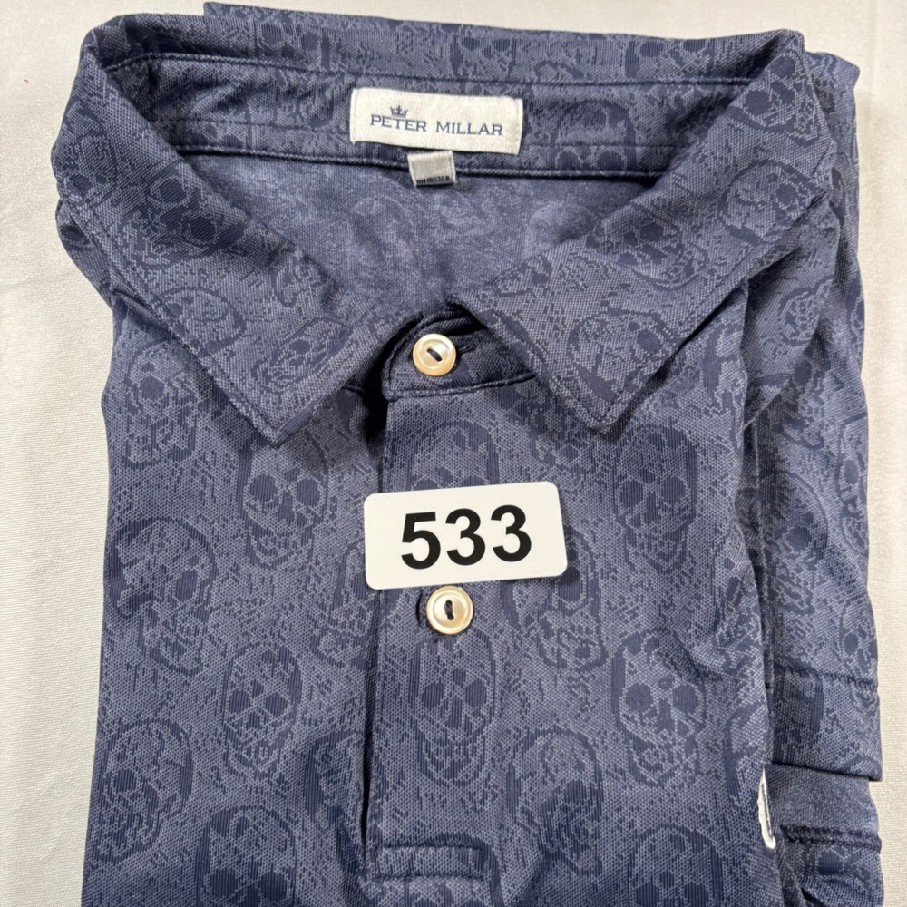 Peter Millar Polo Shirt Mens XL Navy Blue Skull All Over Print Performance - Picture 10 of 10
